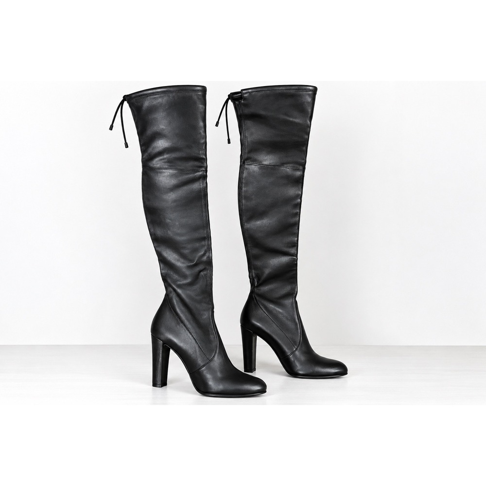 Stuart Weitzman Over The Knee Boots Womens 6 Black Leather Block Heel Tieland